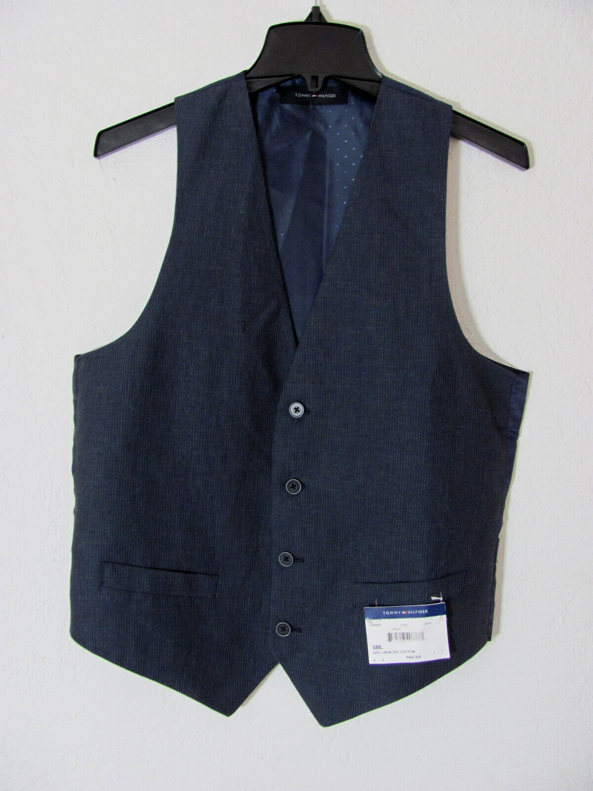 Tommy Hilfiger Navy Pinstripe Trim-Fit Linen Blend Suit Vest -Men's Size S-NWT