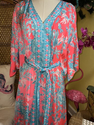 Pre-owned Lilly Pulitzer Carmynn Maxi Caftan Coral Spritz Shelly Bay Size Xs,s,m ? In Multicolor