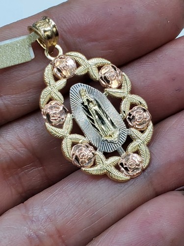 Pre-owned Rosegold 14k Yellow Rose Gold Virgin Mary Holy Mother Oval Pendant Charm 1.35" Lng