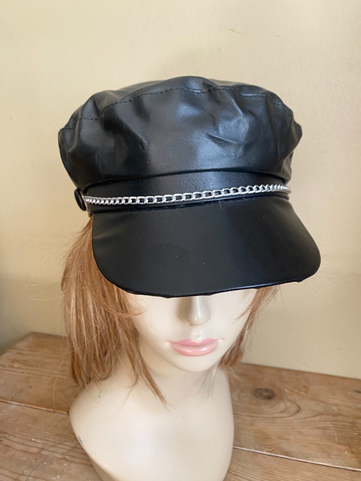 Black Vinyl BIKER CAP Hat w/ Chain punk costume goth tough