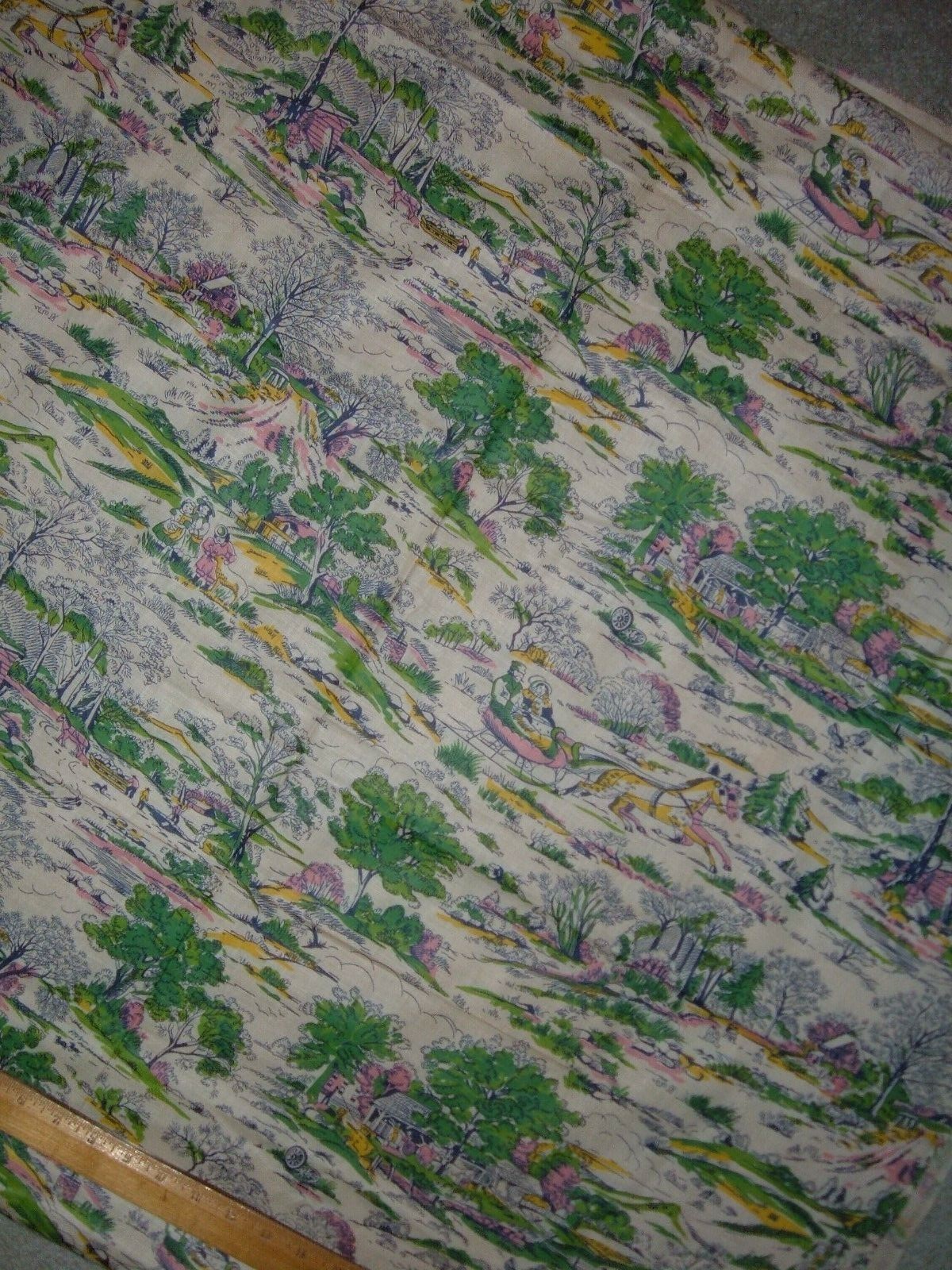 VINTAGE FABRIC FEEDSACK ERA WINTER SCENE HORSE SLEIGH COUNTRYSIDE