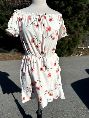 Hint Of Blush Dress Large White Floral Short Sleeve Slit Ruffled
