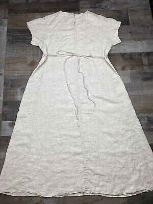 FLAX Jeanne Engelhart Tan Linen Short Sleeve Maxi Dress Pockets Large Vintage