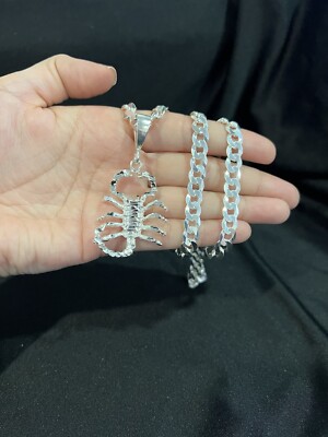 .925 Sterling Silver Men's Big Scorpio Scorpion Pendant & Curb Chain 22 26 30