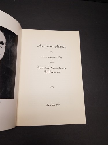 Uxbridge Massachusetts Bicentennial 1927 Anniversary Address by Arthur Seagrave