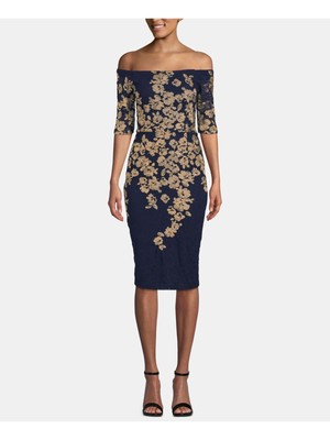 

XSCAPE Женское темно-синее вечернее облегающее платье миди с цветочной вышивкой и открытыми плечами, Navy