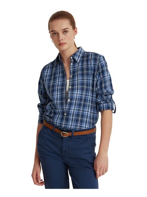 

LAUREN RALPH LAUREN Женский темно-синий клетчатый топ с воротником-стойкой и рукавами, Navy