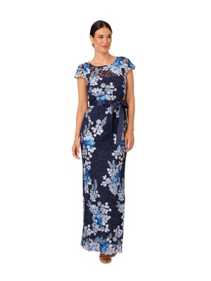 ADRIANNA PAPELL Womens Navy Lined Self-tie Sash Cap Sleeve Formal Gown Dress 0