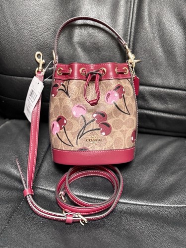 NWT Coach Mini Bucket Bag In Signature Canvas With Cherry