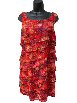 Connected Dress Womens 6 Coral Purple Floral Tiered Chiffon Lined Layered Shift