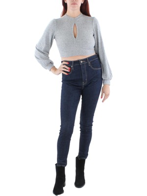 ALMOST FAMOUS Womens Gray Button Neck Open Tie Back Crop Top Sweater L