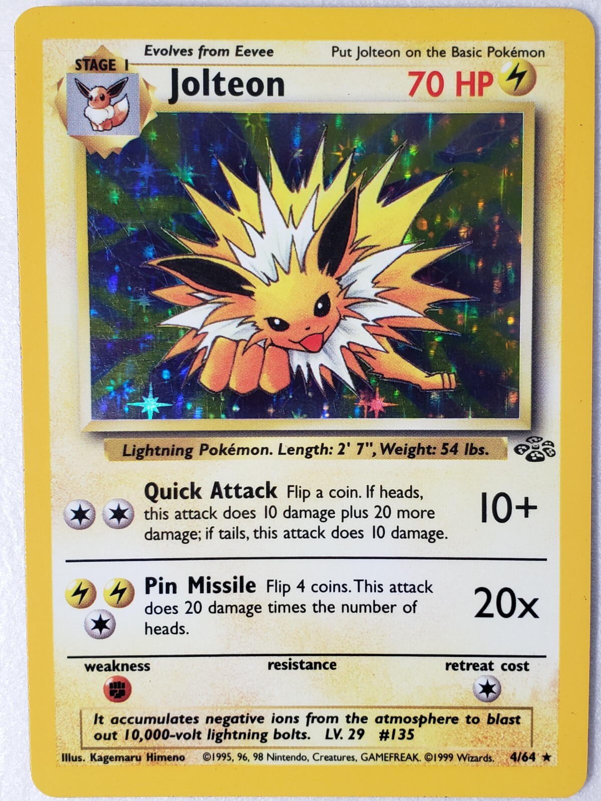 HOLO Jolteon 4/64 NM - RARE 1999 Jungle Set Pokemon Card