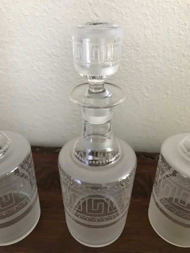 Antique Set Of 3 Regency Crystal Pint Decanters & 8 Glasses. Greek Key Design.