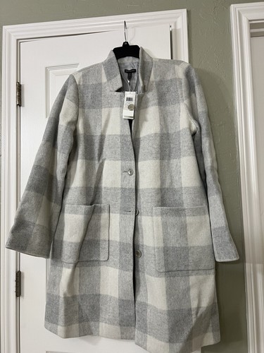 Pre-owned Eileen Fisher Xl  Darkpearl Wool Blend Multi Check Notch Collar Calf Len Coat In Gray