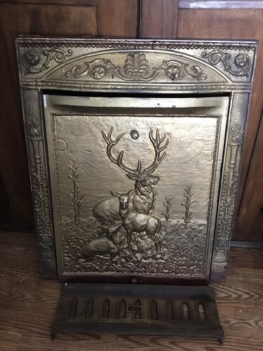 VINTAGE ANTIQUE CAST IRON STAG DEER FIREPLACE SUMMER COVER & FRAME COMPLETE