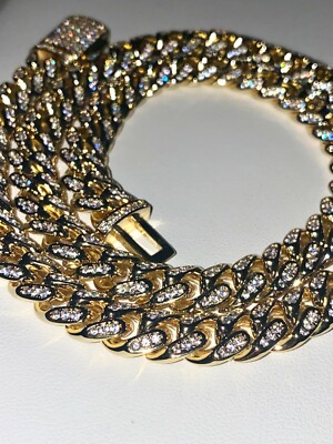 Men's Miami Cuban Link Chain 10mm Ice Out 14k Iced Gold CZ VVS Real 20'' Choker