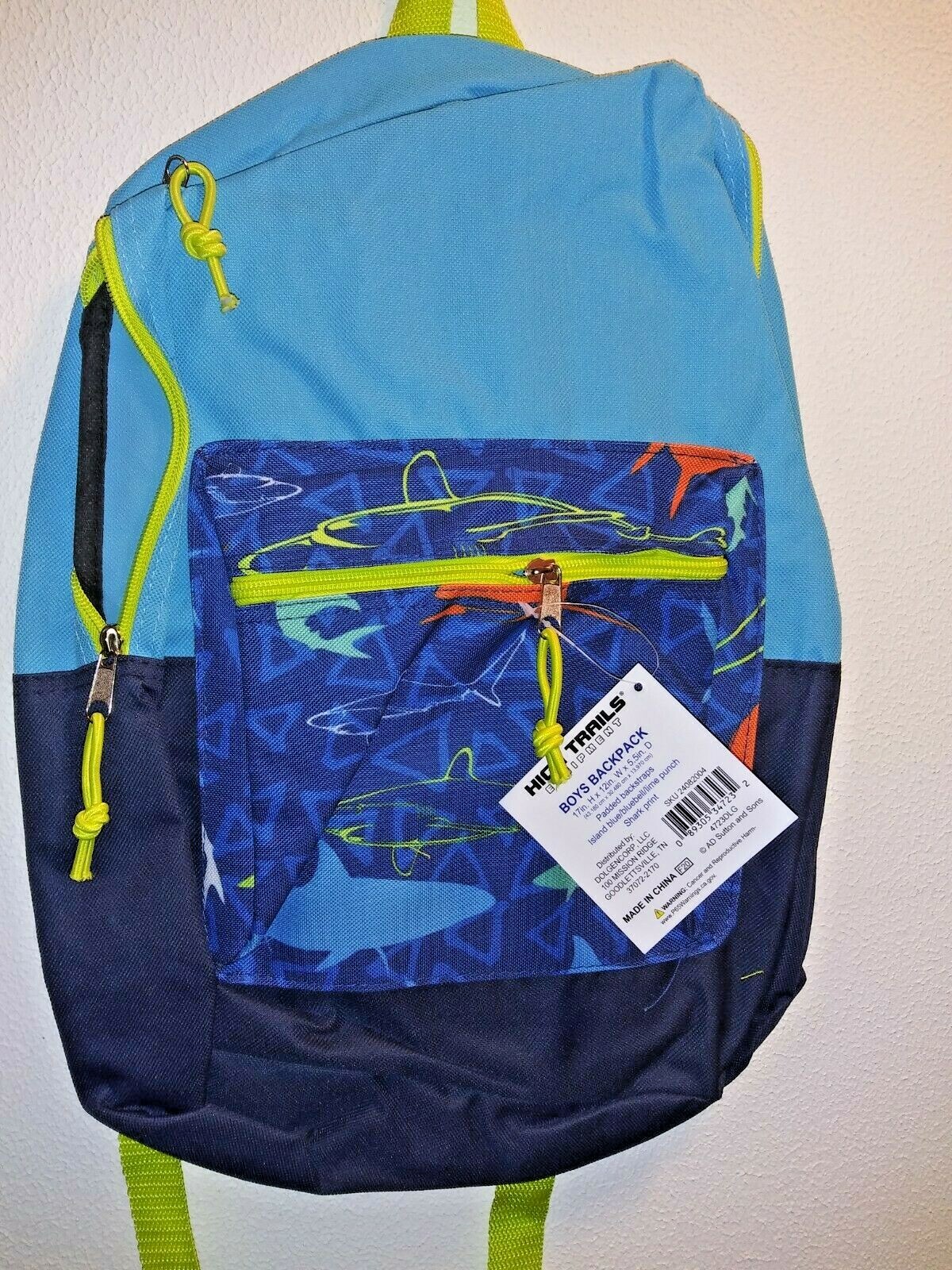 Boy's 12.5 X 17 High Trails Backpack Blue & Yellow Shark Themed
