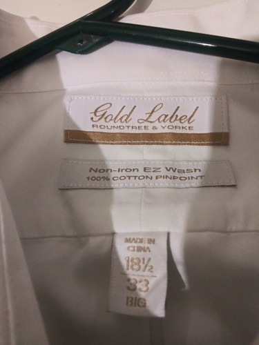 Roundtree & Yorke GOLD LABEL White Non Iron EZ Wash Longsleeve Shirt 18.5/33 big