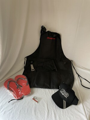 snap on tools BBQ apron, flip flops, keyring and 100th anniversary hat.