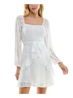 TRIXXI Womens White Belted Lined Balloon Sleeve Short Dress Juniors M