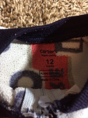 Carter's Blue Fleece Footie PJs w/ Fire Trucks. Size: 12 Months.