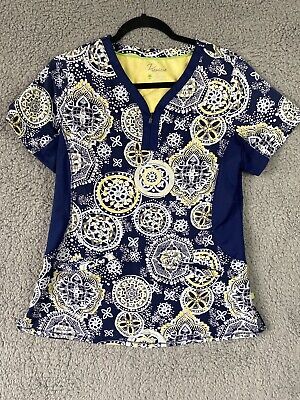 Premiere by Healing Hands Size Medium Blue and Yellow Scrub Top