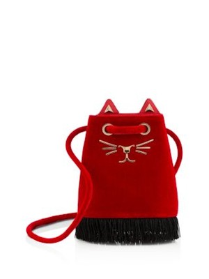 

Женская красная замшевая мини-сумка Charlotte Olympia с двойным плоским ремешком и рисунком кота, Красный, 80048129L001062