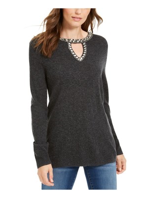 INC Womens Black Embellished Long Sleeve Keyhole Party Sweater L