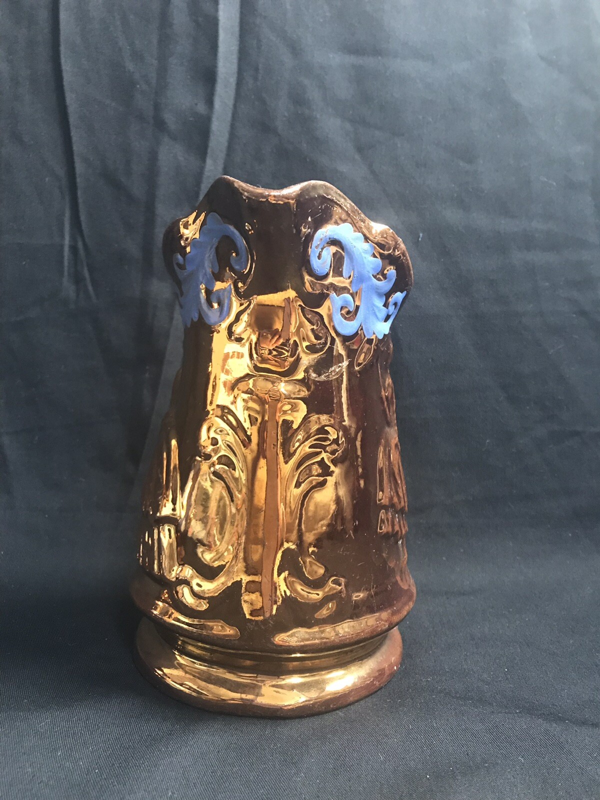 Pair Early Copper Luster Ware Figural w/ Cornflower Blue Trim Pitchers ~ YGF