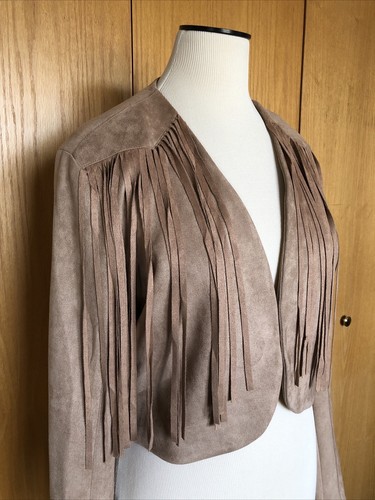 FATE J4600 Faux Suede Leather Western Beige Sand  Fringe Cropped Blazer Jacket L