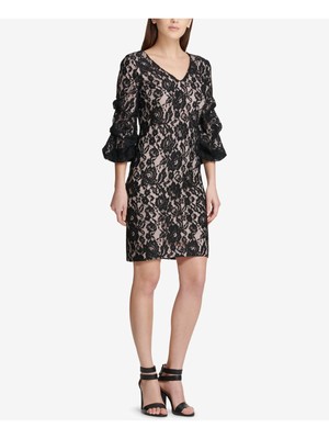 

Женское черное платье-футляр DKNY с рукавами 3/4 и V-образным вырезом выше колена, Черный