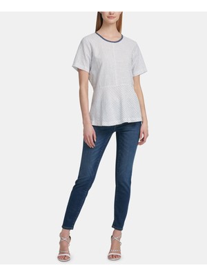 

DKNY Женский белый топ в тонкую полоску с коротким рукавом и вырезом-баской, размер