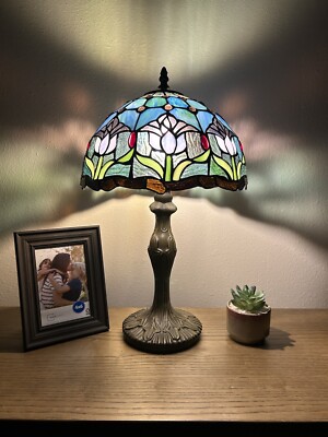Tiffany Style Table Lamp Blue Stained Glass Tulips LED Bulb Include 12''W*19''H