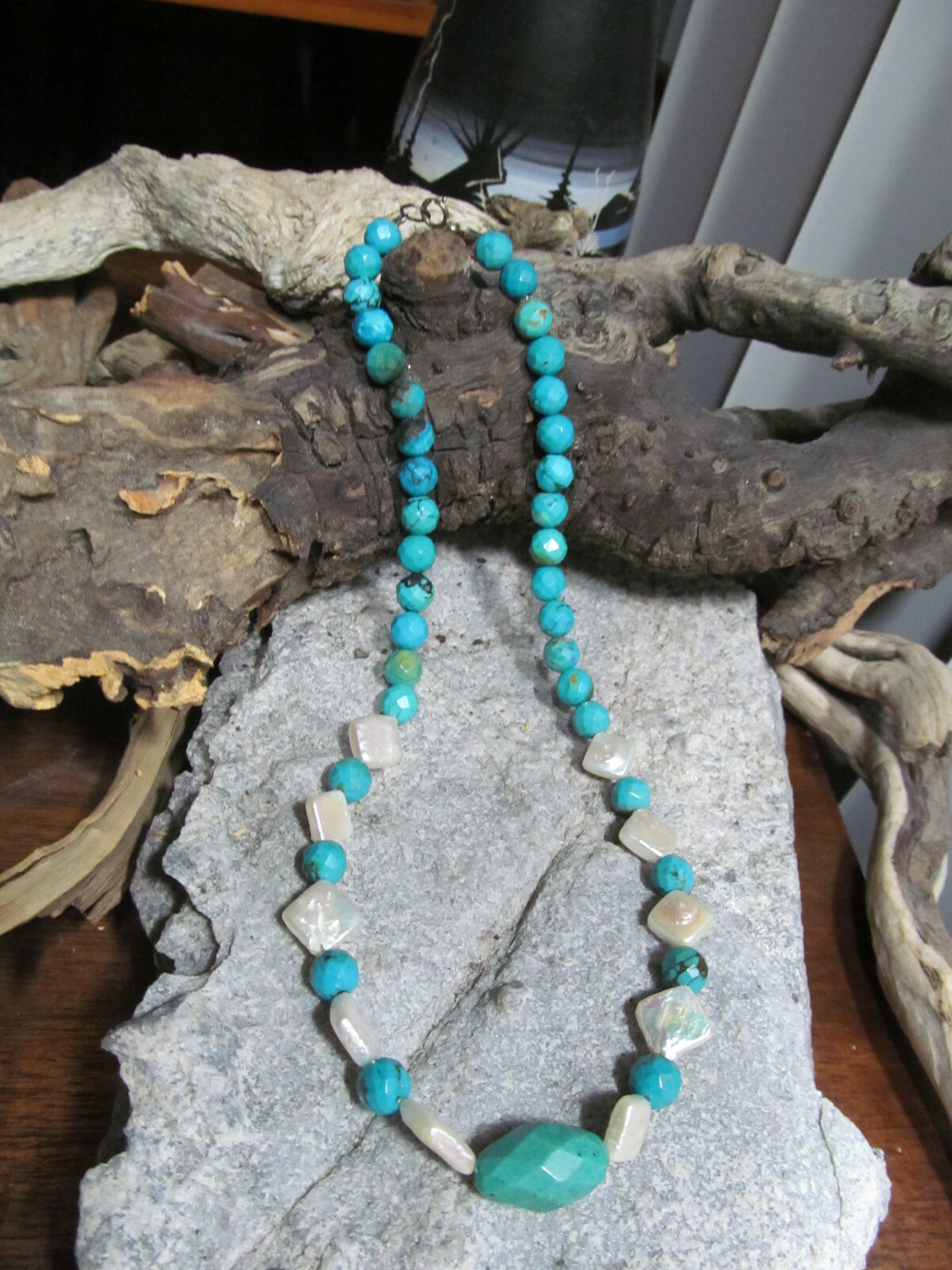 アクセサリー Vintage Silver Beads Turquoise Necklace Vintage 925 Sterling Silver Faceted Turquoise Pearl Square