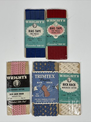 Wrights Lot of 5 Bias Tape Binding And Rick Rack Piping - Blue, Pink, Red, White