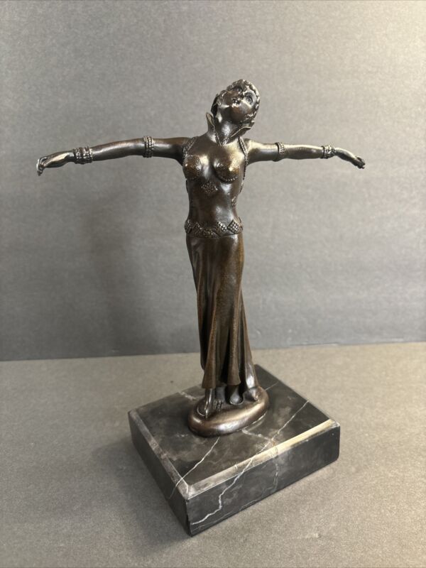 Bronze Art Deco Statue/dancing Woman/black Marble/signed Enis/france C.1940