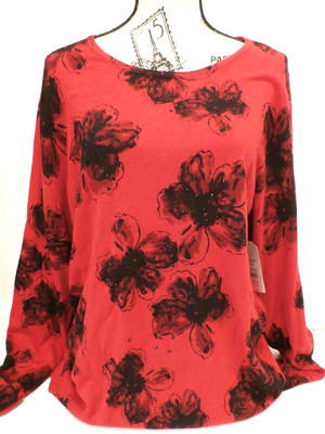 NWT!! Faded Glory Red & Black Floral Sweater Embellished Long Sleeve XXL / 20