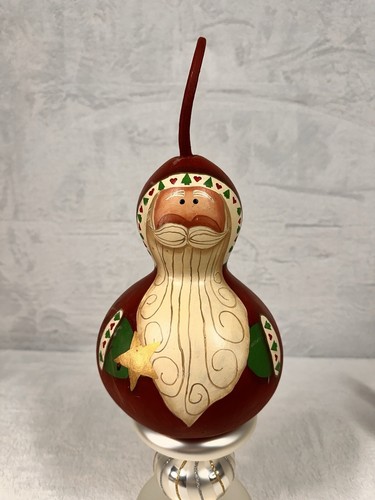 Large Folk Art Hand Painted Gourd Santa Claus Green Gloves Saint Nick Christmas