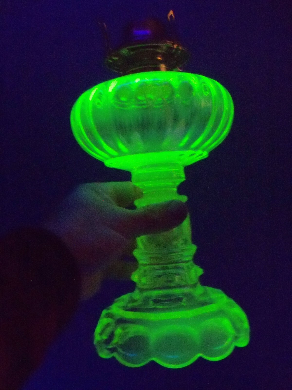 Large Mosser Vaseline Glass Oil Lamp - No Chimney