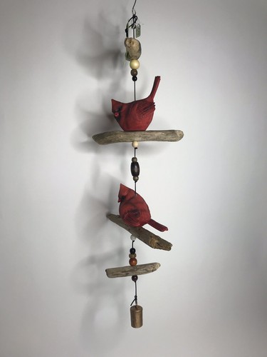 Unique Gift Handmade 30” Windchime Cardinal 5x5” Resin Bird Beads Driftwood
