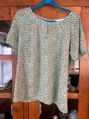 CAbi #602, Pebble Blouse Aqua Blue Mint Green Semi-Sheer Short Sleeve Top Medium