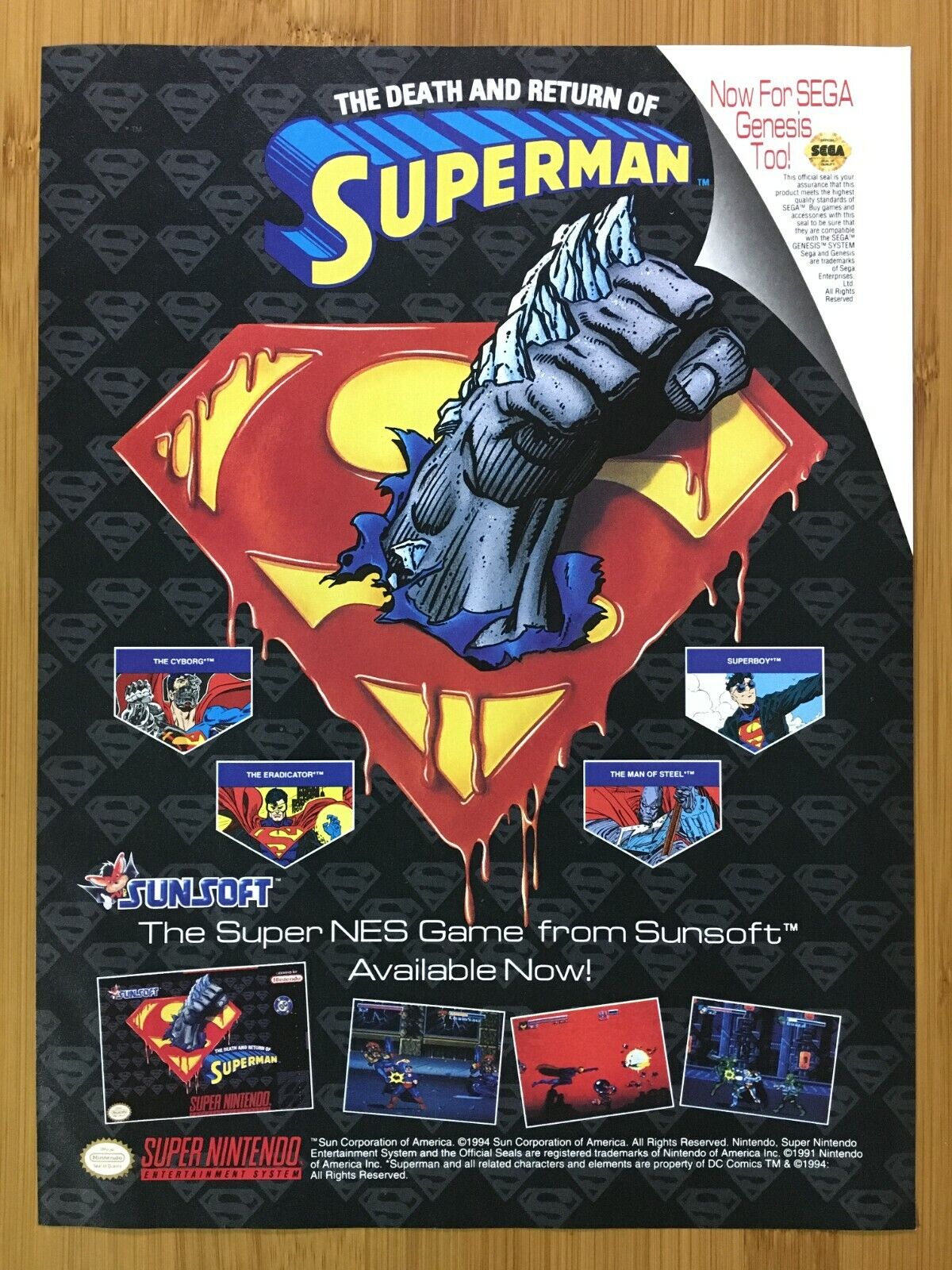 The Death and Return of Superman SNES 1994 Print Ad/Poster Official Promo Art The Death and Return of Superman SNES 1994 Print Ad/Poster Official Promo Art