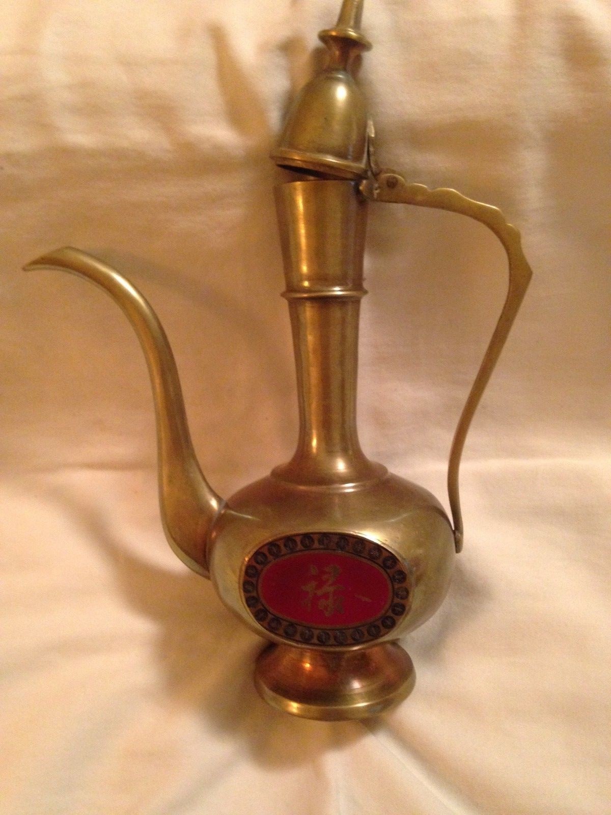 Vintage Middle East Brass Tea Pot Pitcher Red Enamel Emblem