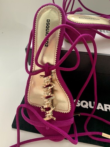 Pre-owned Dsquared2 $1099  7 8 9 Purple Babe Wire Runway Suede Ankle Tie Block Heel Sandals