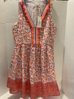 NWT Vineyard Vines Women s dress Orange Blue Pintuck Size XS Fringe Retail $168