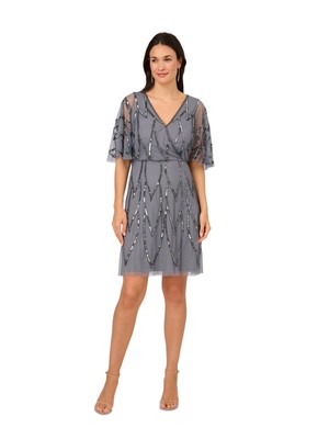 PAPELL STUDIO Womens Blue Mesh Lined Flutter Sleeve Short Party Wrap Dress 8