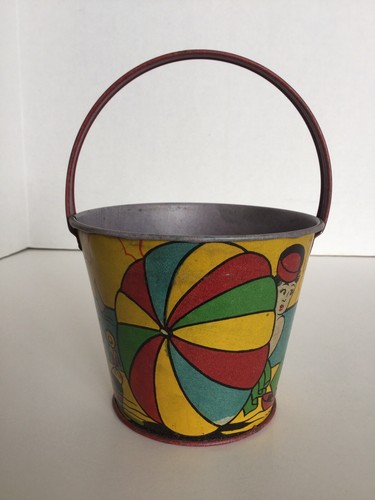 Vintage Small Tin Litho Sand Pail And Shovel With Beach Fun Theme