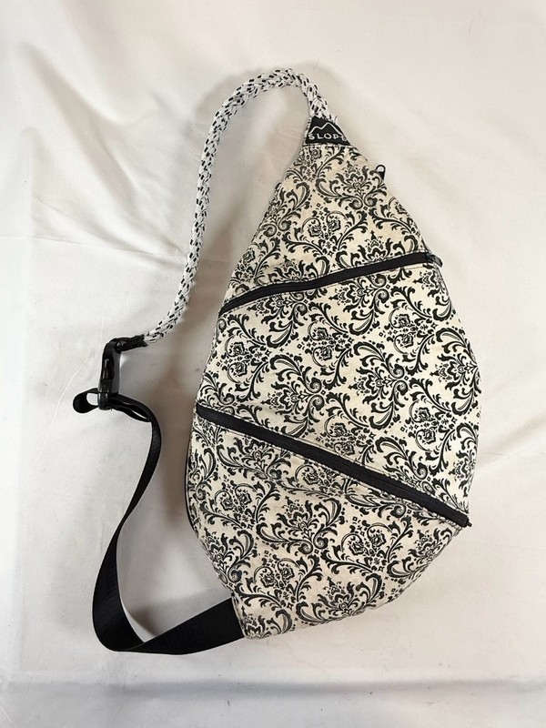 Slope Sling Bag Backpack Black Cream Damask Print Canvas Rope Strap Crossbody