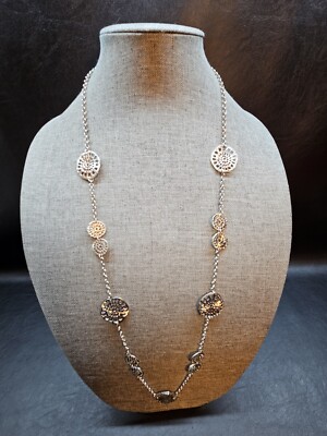 Silver Tone Round Scallop 34'' Inch Long Statement Necklace