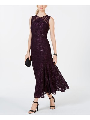 R&M RICHARDS Womens Purple Sleeveless V Neck Tea-Length Evening Dress 14